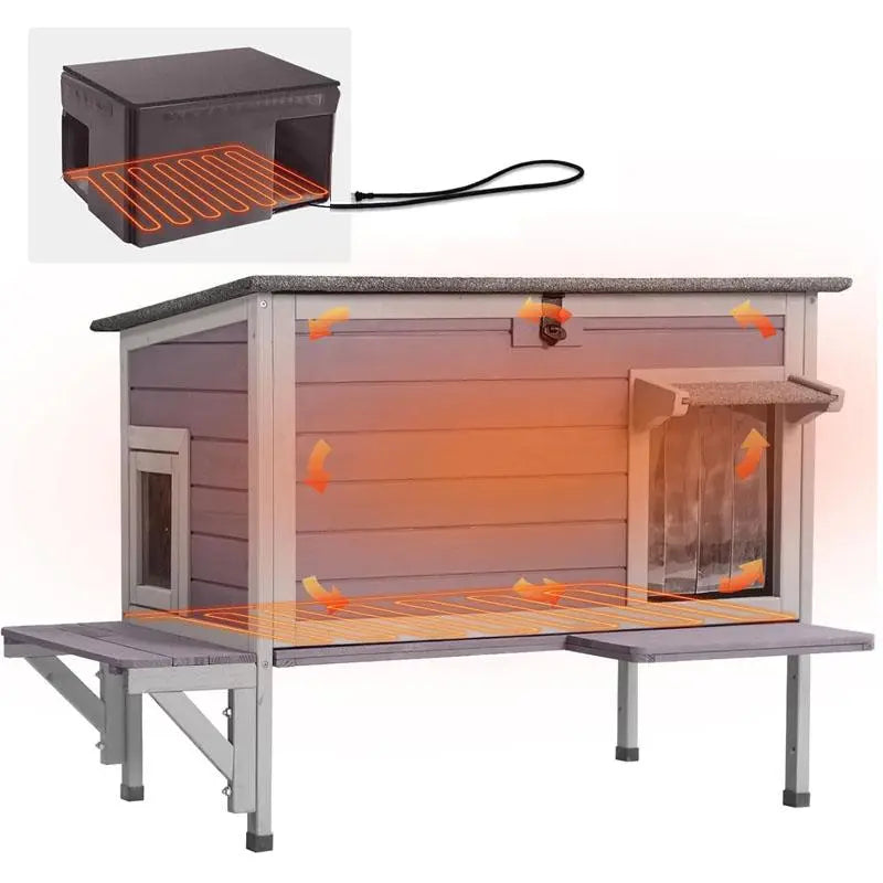Aivituvin-Air91-In-Hp Wooden Heated Cat House with Adjustable Temperature Pad, Elevated Build, Weatherproof Design, Asphalt Roof, Rain-Safe PVC Flap, Insulation, Removable Liner for Easy Cleaning, Thermostat Overheat Protection for Backyard, Porch