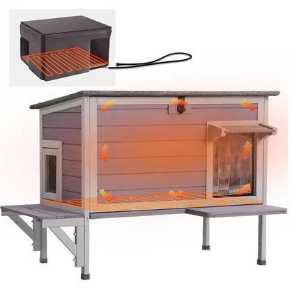 Aivituvin-Air91-In-Hp Wooden Heated Cat House with Adjustable Temperature Pad, Elevated Build, Weatherproof Design, Asphalt Roof, Rain-Safe PVC Flap, Insulation, Removable Liner for Easy Cleaning, Thermostat Overheat Protection for Backyard, Porch
