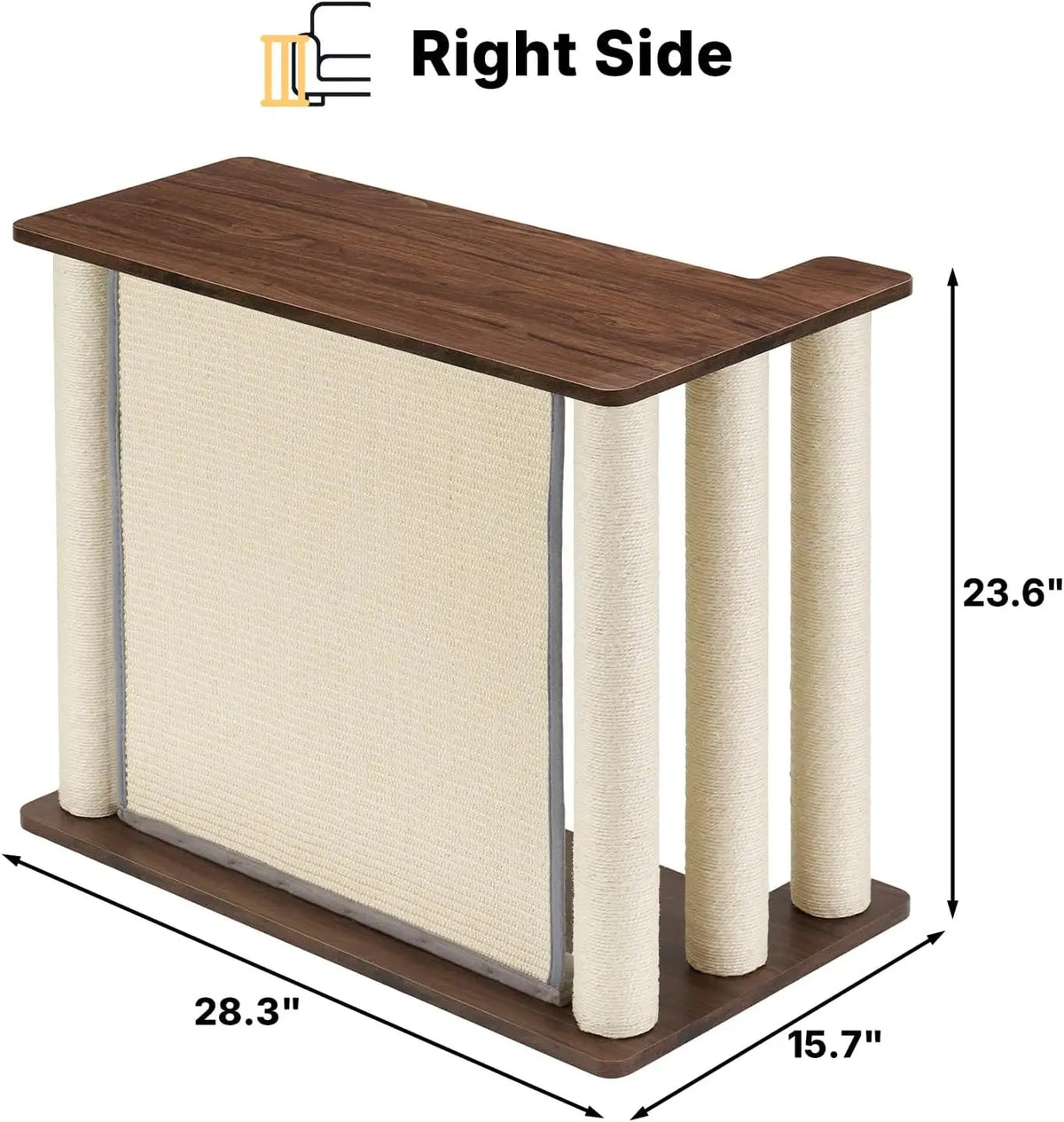 VEEHOO Right-Facing Cat Scratcher End Table - Engineered Wood, Space-Saving Freestanding Design, Durable Sisal Panel & Posts, Black Walnut Finish, Easy Assembly with Remote and Coffee Holder