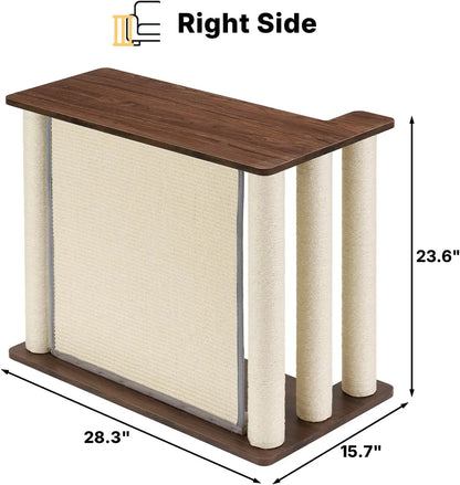 VEEHOO Right-Facing Cat Scratcher End Table - Engineered Wood, Space-Saving Freestanding Design, Durable Sisal Panel & Posts, Black Walnut Finish, Easy Assembly with Remote and Coffee Holder