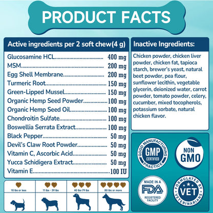 Advanced Canine Hip and Joint Supplement with Glucosamine, MSM, Chondroitin, Multivitamins, and Green Lipped Mussel - Chewable Joint Support for All Dog Breeds - Chicken Flavor