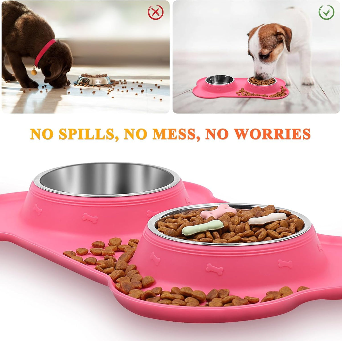 Dog Bowls, Dog Food Bowls, Stainless Steel Cat Puppy Water Bowls with Non Spill Skid Resistant Silicone Mat, Medium, Pink