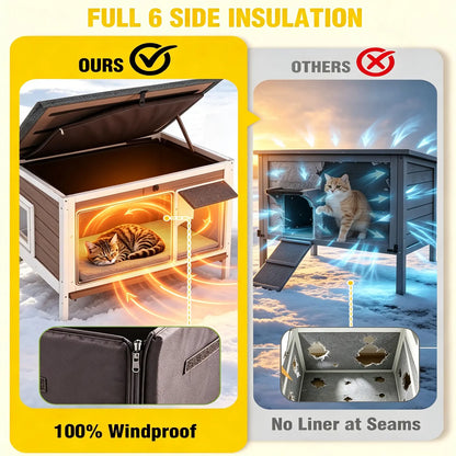 Aivituvin-Air91-In-Hp Wooden Heated Cat House with Adjustable Temperature Pad, Elevated Build, Weatherproof Design, Asphalt Roof, Rain-Safe PVC Flap, Insulation, Removable Liner for Easy Cleaning, Thermostat Overheat Protection for Backyard, Porch
