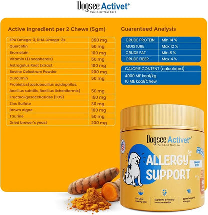 Dogsee Activet+ Allergy Support Chewables for Dogs, Enriched with Beneficial Bacteria, Quercetin, and Botanicals for Seasonal Allergy Relief, Immune Support, Healthy Skin, and Digestive Health - Chicken Flavor, 90 Chews