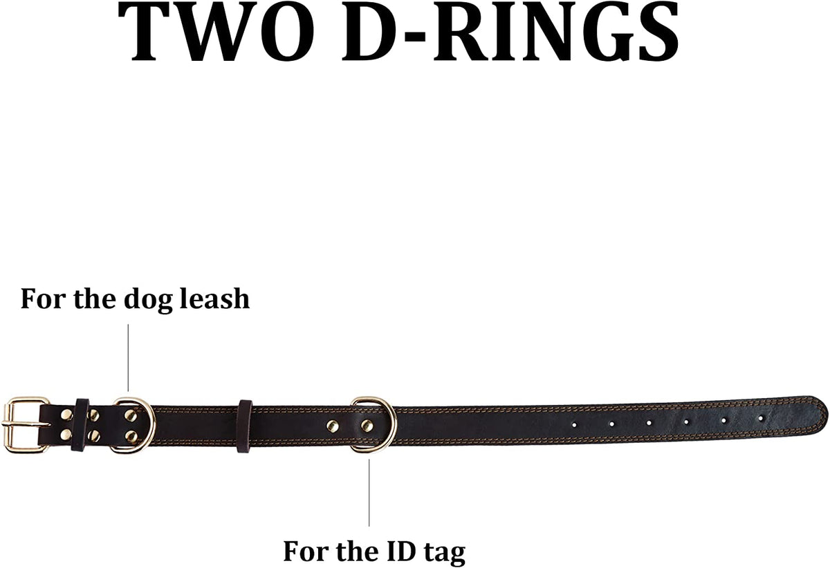 Leather Dog Collar Genuine Brown for Medium Dogs（M:1" Wide 15.2-19.2" Neck）