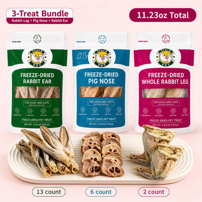 Peach Pet Freeze-Dried Chews for Dogs and Cats | Rabbit Ear, Rabbit Leg, Pig Nose, or 3-Treat Bundle | 3.5 Oz | All-Natural, High Protein Treats