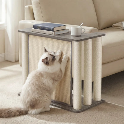 VEEHOO Right-Facing Cat Scratcher End Table - Engineered Wood, Space-Saving Freestanding Design, Durable Sisal Panel & Posts, Black Walnut Finish, Easy Assembly with Remote and Coffee Holder