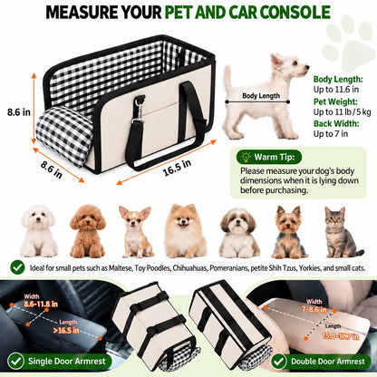 Premium Center Console Dog Car Seat for Small Pets up to 12 lbs, Armrest Booster Seat with Integrated Leash, Comfortable Travel Pet Bed for Dogs and Cats