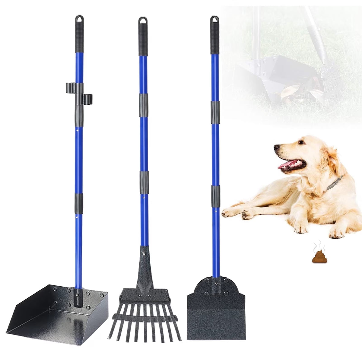 Pooper Scooper, Heavy Duty Dog Poop Scooper Set with Tray Rake and Spade for Large Medium Small Dogs, over 37" Adjustable Metal Long Handle Portable Poop Scoop Pet Waste for Yard Grass Gravel