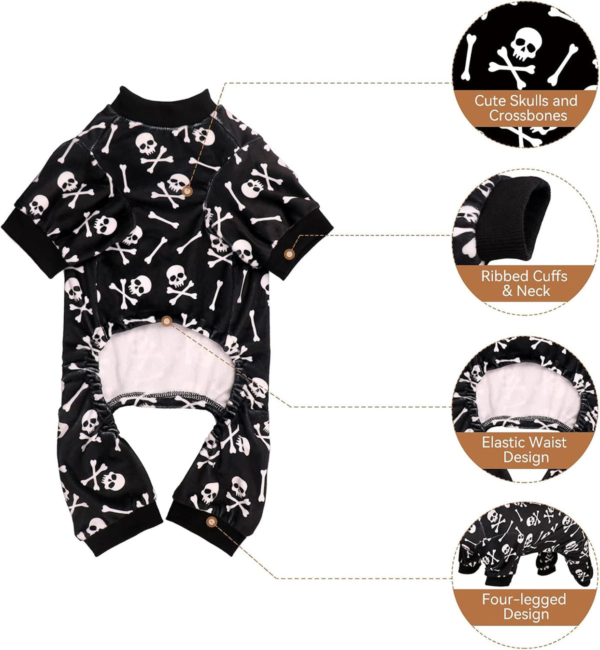 Dog Pajamas Halloween Dog Costume Short Plush Pet Pjs Skull&Crossbones Super Soft and Stretchy Pet Jammies for Small Medium Dogs (S/M)