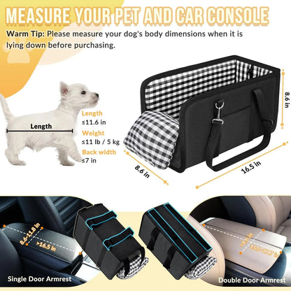 Premium Center Console Dog Car Seat for Small Pets up to 12 lbs, Armrest Booster Seat with Integrated Leash, Comfortable Travel Pet Bed for Dogs and Cats