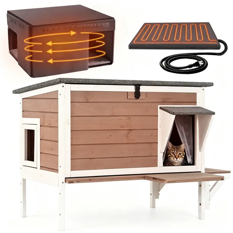 Aivituvin-Air91-In-Hp Wooden Heated Cat House with Adjustable Temperature Pad, Elevated Build, Weatherproof Design, Asphalt Roof, Rain-Safe PVC Flap, Insulation, Removable Liner for Easy Cleaning, Thermostat Overheat Protection for Backyard, Porch