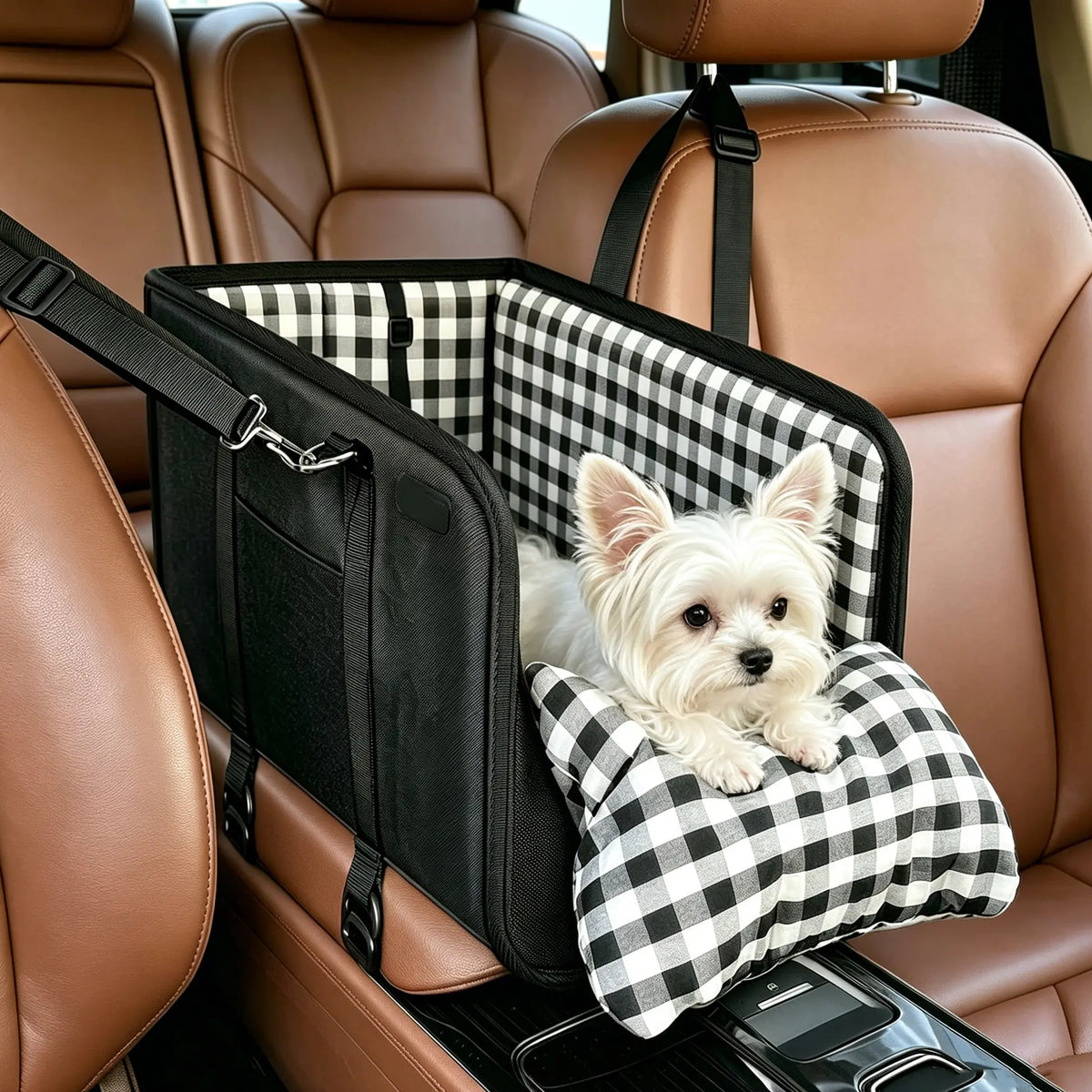 Premium Center Console Dog Car Seat for Small Pets up to 12 lbs, Armrest Booster Seat with Integrated Leash, Comfortable Travel Pet Bed for Dogs and Cats