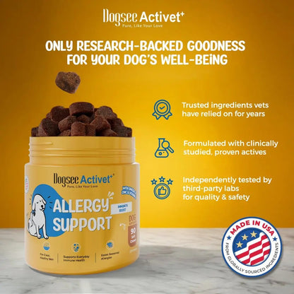 Dogsee Activet+ Allergy Support Chewables for Dogs, Enriched with Beneficial Bacteria, Quercetin, and Botanicals for Seasonal Allergy Relief, Immune Support, Healthy Skin, and Digestive Health - Chicken Flavor, 90 Chews