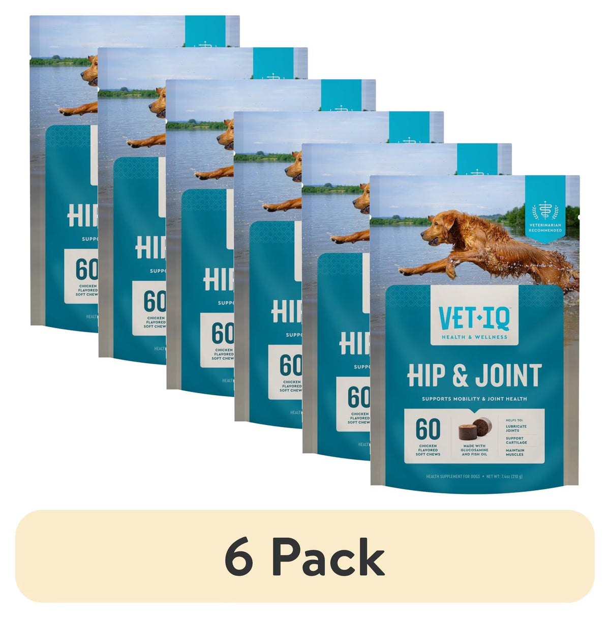 (6 Pack) Vetiq Hip & Joint Supplement for Dogs, Chicken Flavored Soft Chews, 7.4 Oz, 60 Count