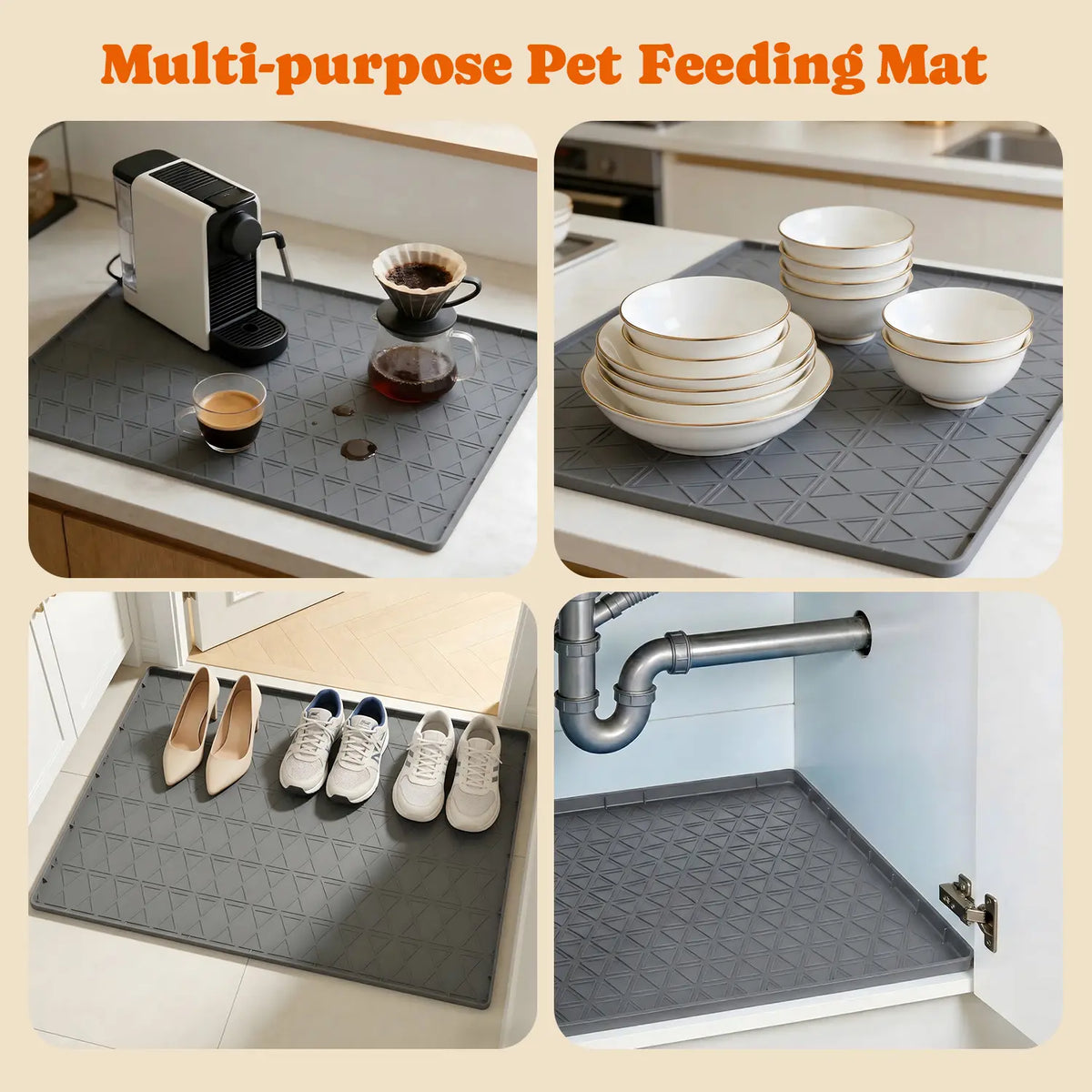 Pawtners 2-Pack Large Reusable Silicone Dog Feeding Mat - Waterproof, Non-Slip, Easy-Clean, 34x22 Inch Gray Pet Floor Protection with Raised Edge