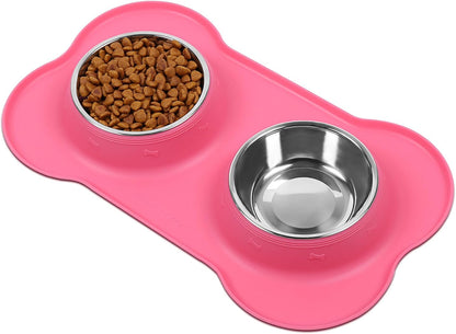 Dog Bowls, Dog Food Bowls, Stainless Steel Cat Puppy Water Bowls with Non Spill Skid Resistant Silicone Mat, Medium, Pink