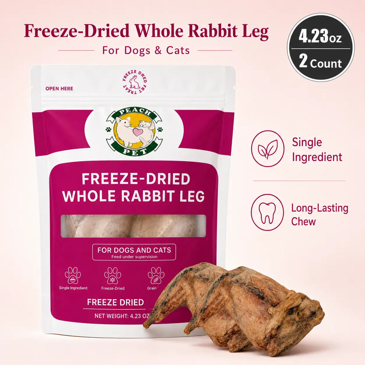 Peach Pet Freeze-Dried Chews for Dogs and Cats | Rabbit Ear, Rabbit Leg, Pig Nose, or 3-Treat Bundle | 3.5 Oz | All-Natural, High Protein Treats