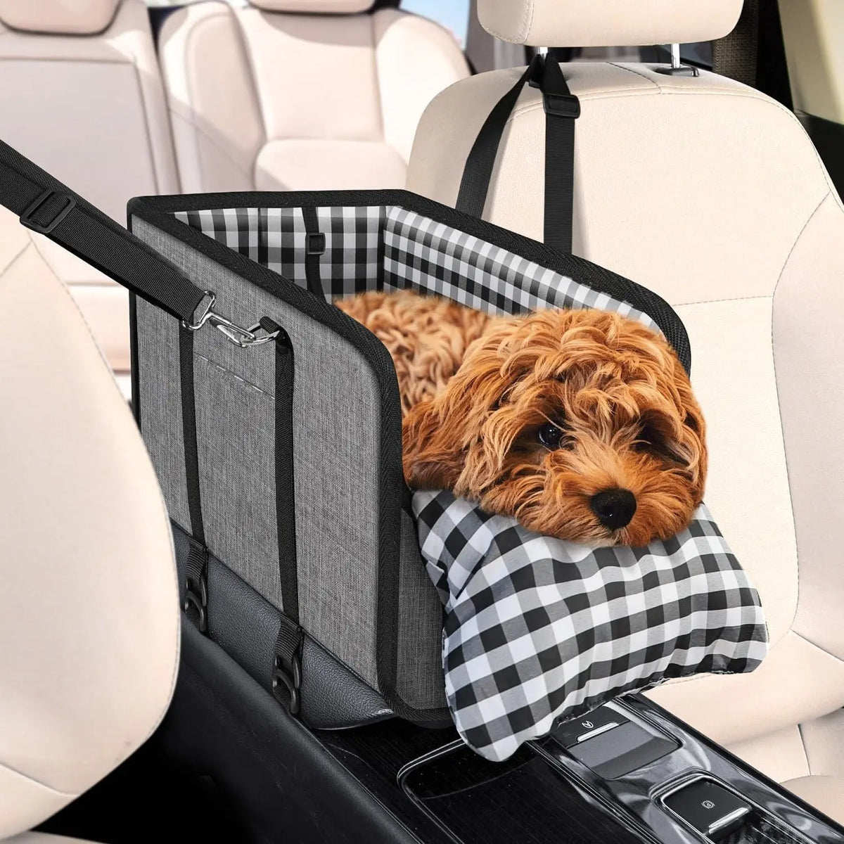 Premium Center Console Dog Car Seat for Small Pets up to 12 lbs, Armrest Booster Seat with Integrated Leash, Comfortable Travel Pet Bed for Dogs and Cats