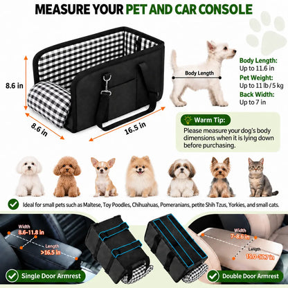 Premium Center Console Dog Car Seat for Small Pets up to 12 lbs, Armrest Booster Seat with Integrated Leash, Comfortable Travel Pet Bed for Dogs and Cats