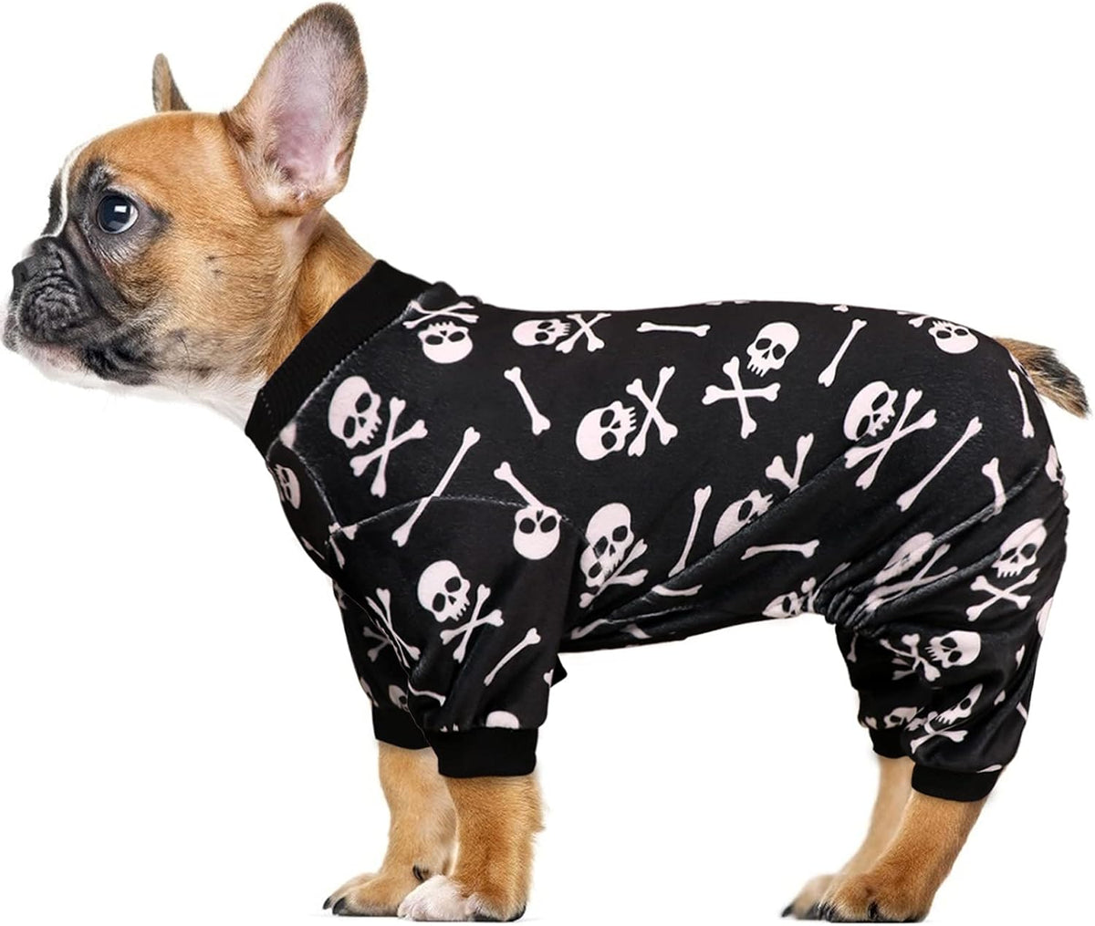Dog Pajamas Halloween Dog Costume Short Plush Pet Pjs Skull&Crossbones Super Soft and Stretchy Pet Jammies for Small Medium Dogs (S/M)