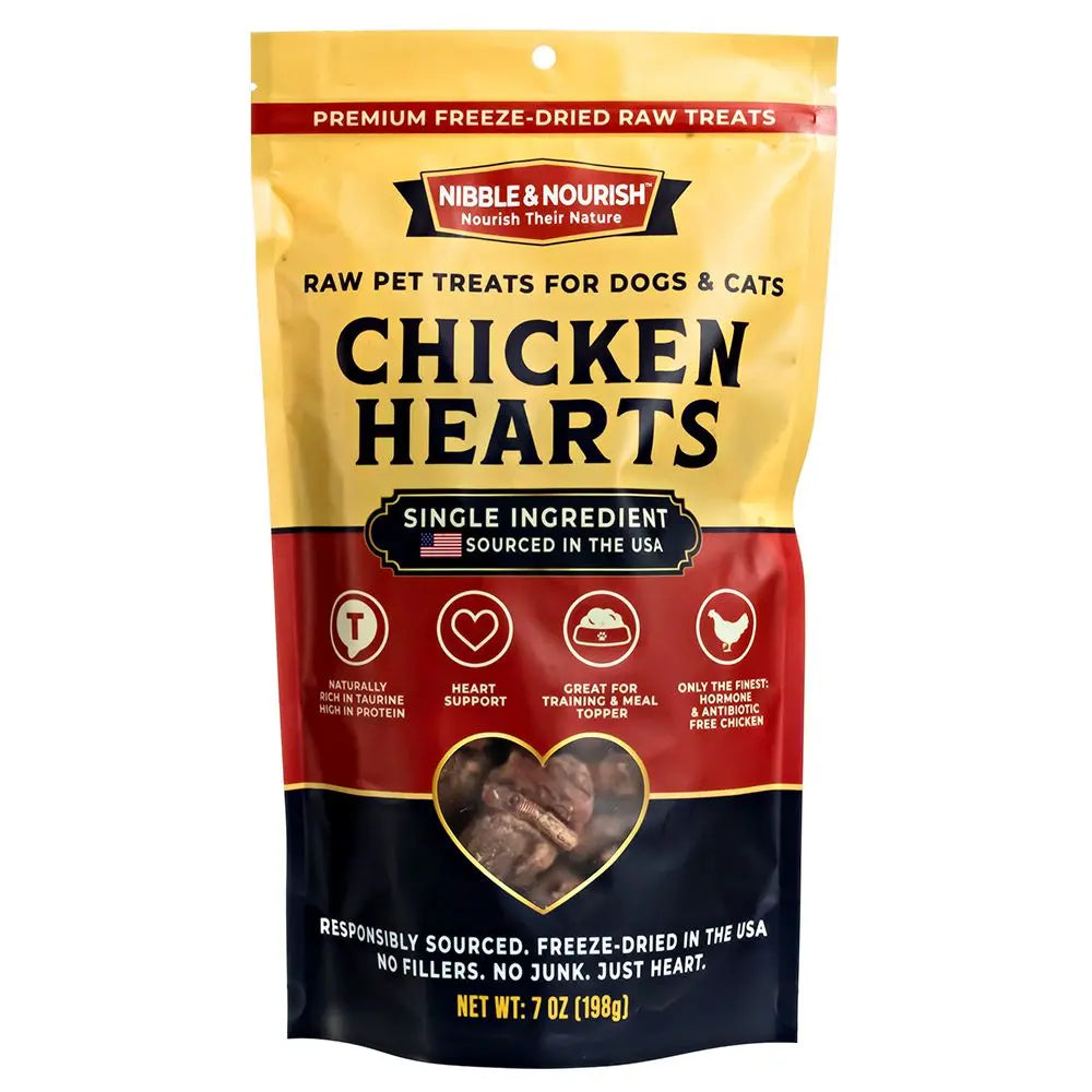 Nibble & Nourish Freeze-Dried Chicken Hearts for Dogs and Cats – Premium Single Ingredient Raw Treats, Made in the USA, Ideal for Training, Meal Enhancements, and Daily Rewards, Free from Fillers and Preservatives