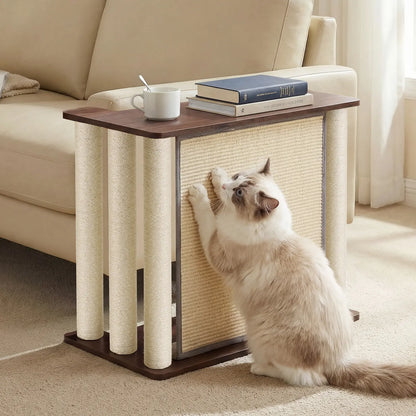 VEEHOO Right-Facing Cat Scratcher End Table - Engineered Wood, Space-Saving Freestanding Design, Durable Sisal Panel & Posts, Black Walnut Finish, Easy Assembly with Remote and Coffee Holder