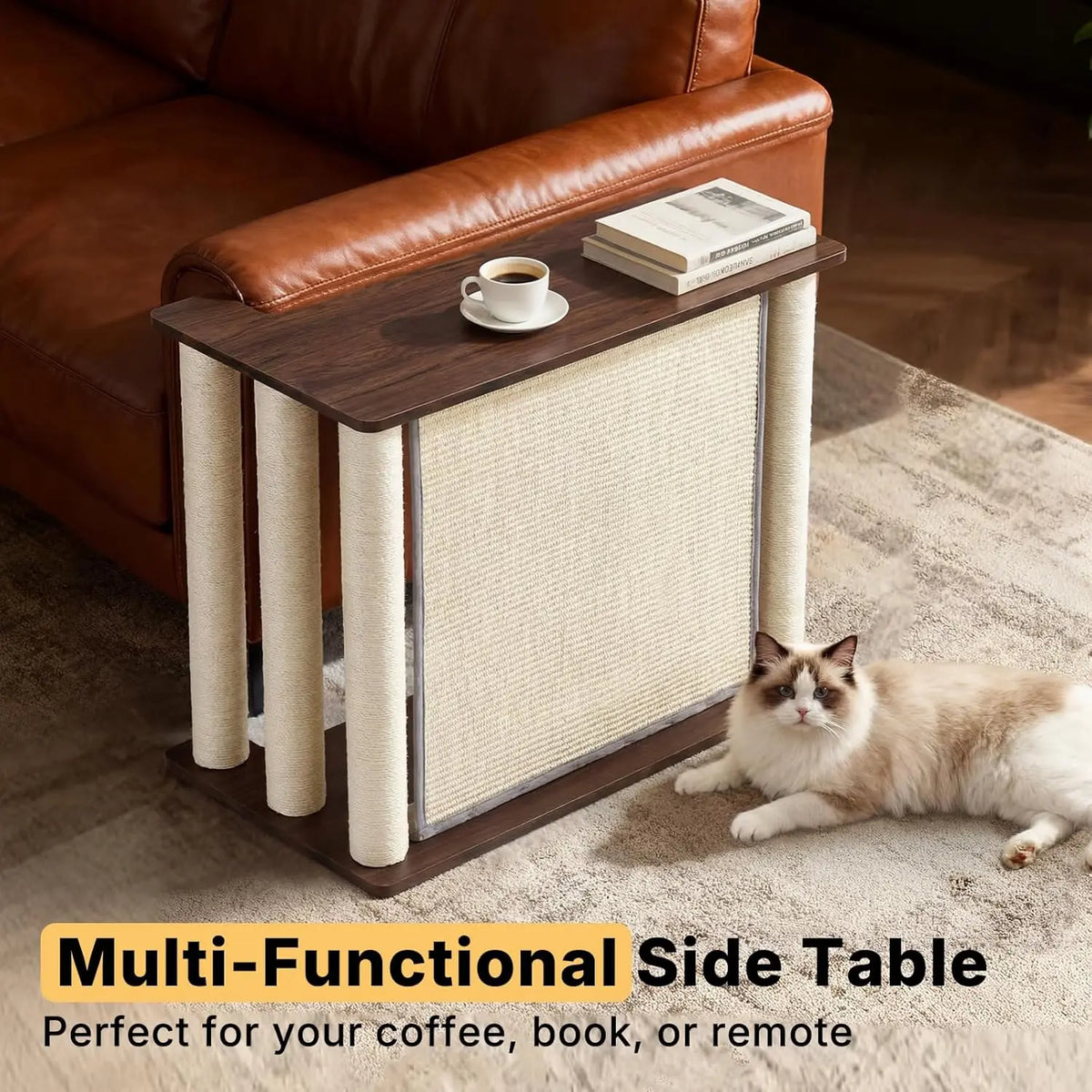 VEEHOO Right-Facing Cat Scratcher End Table - Engineered Wood, Space-Saving Freestanding Design, Durable Sisal Panel & Posts, Black Walnut Finish, Easy Assembly with Remote and Coffee Holder