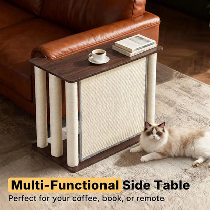 VEEHOO Right-Facing Cat Scratcher End Table - Engineered Wood, Space-Saving Freestanding Design, Durable Sisal Panel & Posts, Black Walnut Finish, Easy Assembly with Remote and Coffee Holder