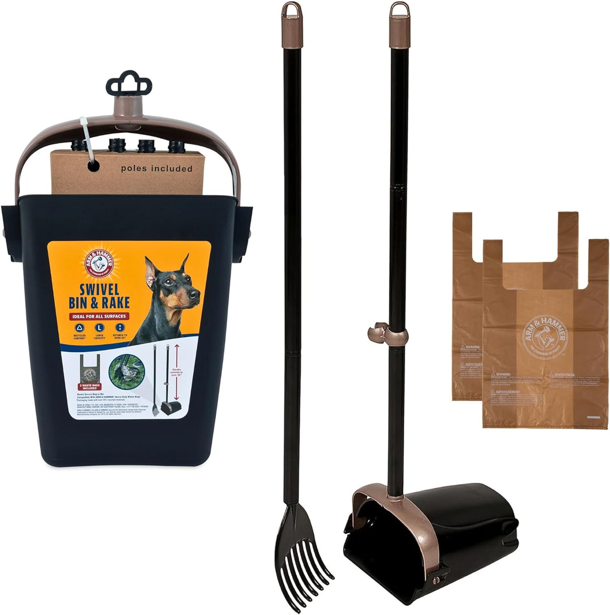 Swivel Bin & Rake Dog Pooper Scooper, Includes 2 Waste Bags
