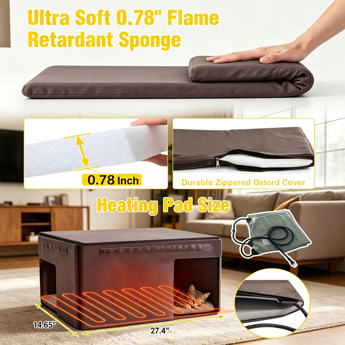 Aivituvin-Air91-In-Hp Wooden Heated Cat House with Adjustable Temperature Pad, Elevated Build, Weatherproof Design, Asphalt Roof, Rain-Safe PVC Flap, Insulation, Removable Liner for Easy Cleaning, Thermostat Overheat Protection for Backyard, Porch