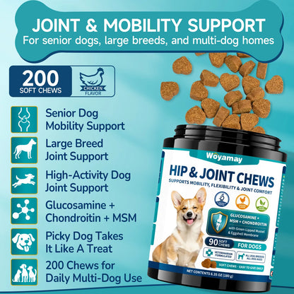 Advanced Canine Hip and Joint Supplement with Glucosamine, MSM, Chondroitin, Multivitamins, and Green Lipped Mussel - Chewable Joint Support for All Dog Breeds - Chicken Flavor