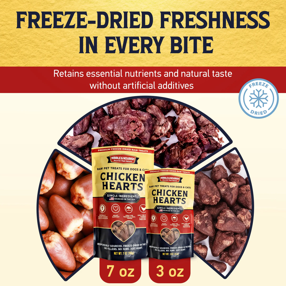 Nibble & Nourish Freeze-Dried Chicken Hearts for Dogs and Cats – Premium Single Ingredient Raw Treats, Made in the USA, Ideal for Training, Meal Enhancements, and Daily Rewards, Free from Fillers and Preservatives