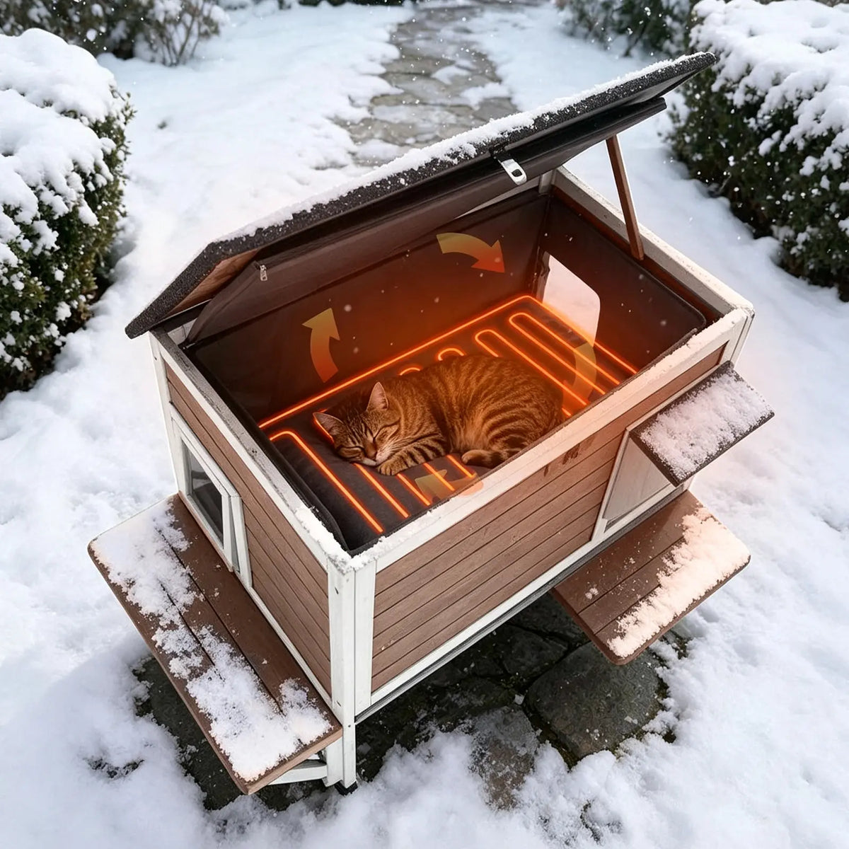 Aivituvin-Air91-In-Hp Wooden Heated Cat House with Adjustable Temperature Pad, Elevated Build, Weatherproof Design, Asphalt Roof, Rain-Safe PVC Flap, Insulation, Removable Liner for Easy Cleaning, Thermostat Overheat Protection for Backyard, Porch
