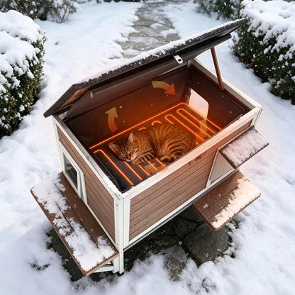 Aivituvin-Air91-In-Hp Wooden Heated Cat House with Adjustable Temperature Pad, Elevated Build, Weatherproof Design, Asphalt Roof, Rain-Safe PVC Flap, Insulation, Removable Liner for Easy Cleaning, Thermostat Overheat Protection for Backyard, Porch
