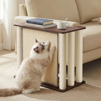 VEEHOO Right-Facing Cat Scratcher End Table - Engineered Wood, Space-Saving Freestanding Design, Durable Sisal Panel & Posts, Black Walnut Finish, Easy Assembly with Remote and Coffee Holder