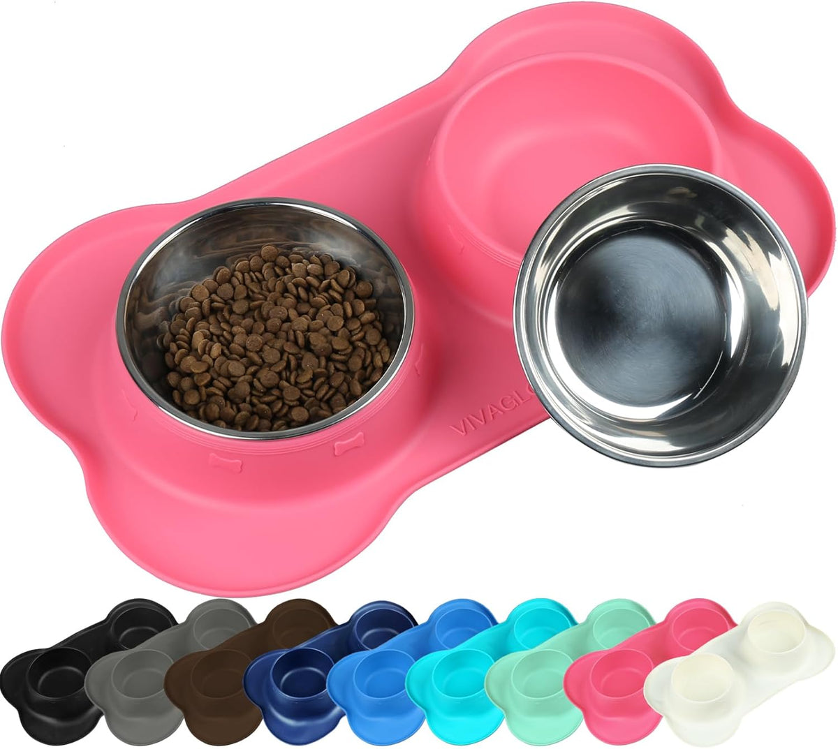 Dog Bowls, Dog Food Bowls, Stainless Steel Cat Puppy Water Bowls with Non Spill Skid Resistant Silicone Mat, Medium, Pink