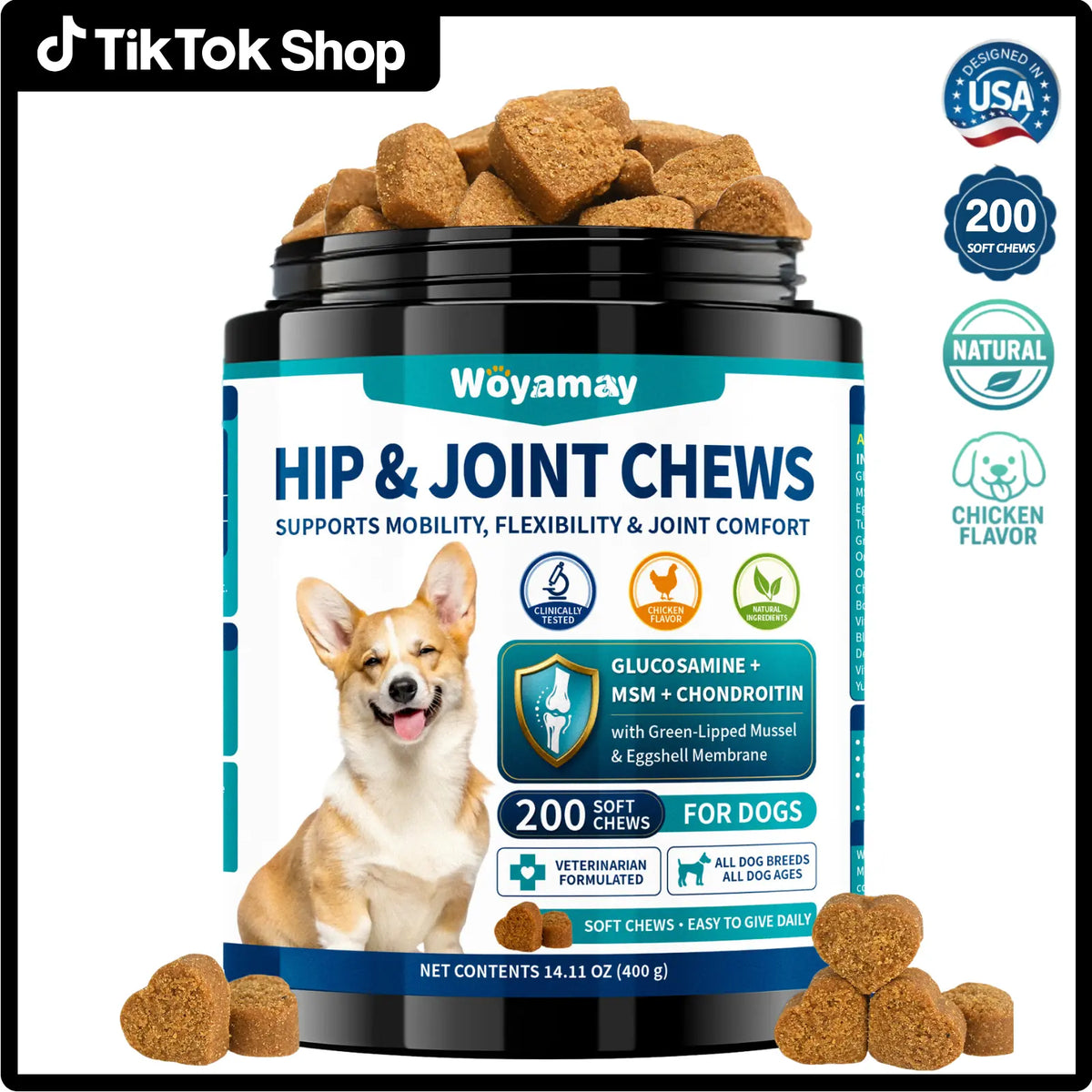 Advanced Canine Hip and Joint Supplement with Glucosamine, MSM, Chondroitin, Multivitamins, and Green Lipped Mussel - Chewable Joint Support for All Dog Breeds - Chicken Flavor