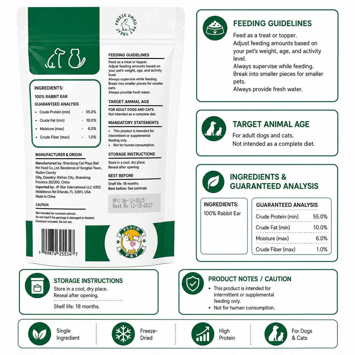 Peach Pet Freeze-Dried Chews for Dogs and Cats | Rabbit Ear, Rabbit Leg, Pig Nose, or 3-Treat Bundle | 3.5 Oz | All-Natural, High Protein Treats