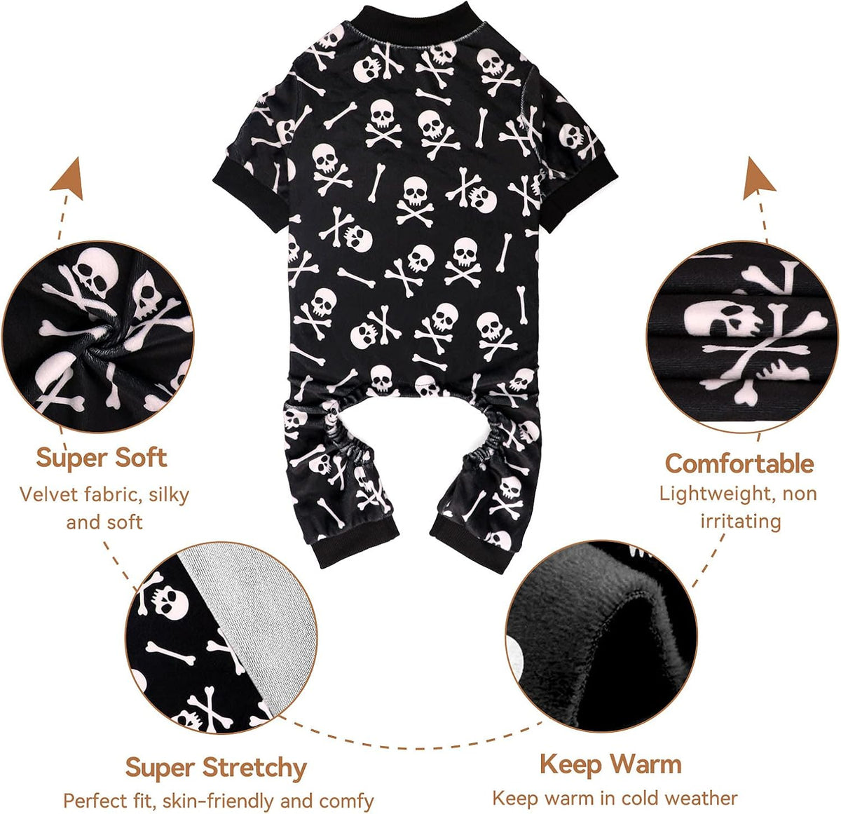 Dog Pajamas Halloween Dog Costume Short Plush Pet Pjs Skull&Crossbones Super Soft and Stretchy Pet Jammies for Small Medium Dogs (S/M)