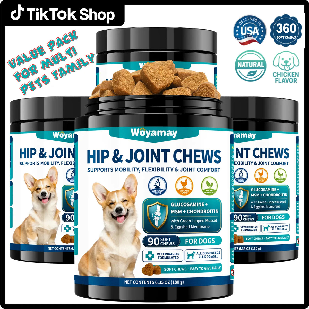 Advanced Canine Hip and Joint Supplement with Glucosamine, MSM, Chondroitin, Multivitamins, and Green Lipped Mussel - Chewable Joint Support for All Dog Breeds - Chicken Flavor
