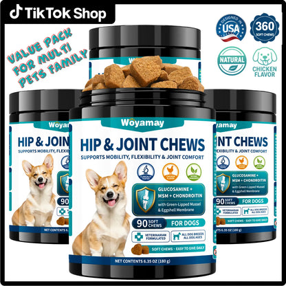 Advanced Canine Hip and Joint Supplement with Glucosamine, MSM, Chondroitin, Multivitamins, and Green Lipped Mussel - Chewable Joint Support for All Dog Breeds - Chicken Flavor