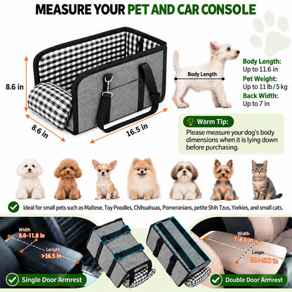 Premium Center Console Dog Car Seat for Small Pets up to 12 lbs, Armrest Booster Seat with Integrated Leash, Comfortable Travel Pet Bed for Dogs and Cats