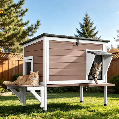 Aivituvin-Air91-In-Hp Wooden Heated Cat House with Adjustable Temperature Pad, Elevated Build, Weatherproof Design, Asphalt Roof, Rain-Safe PVC Flap, Insulation, Removable Liner for Easy Cleaning, Thermostat Overheat Protection for Backyard, Porch