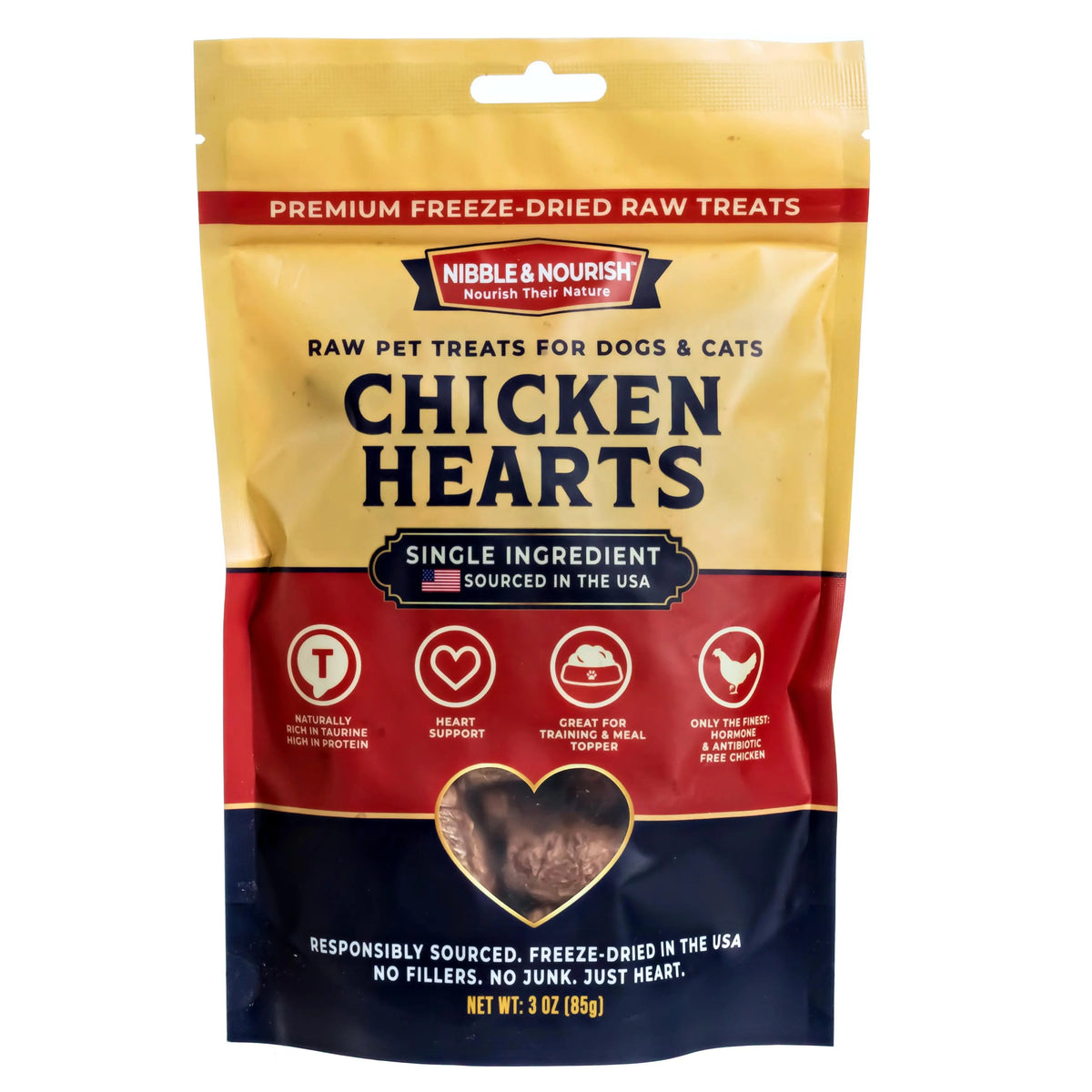 Nibble & Nourish Freeze-Dried Chicken Hearts for Dogs and Cats – Premium Single Ingredient Raw Treats, Made in the USA, Ideal for Training, Meal Enhancements, and Daily Rewards, Free from Fillers and Preservatives