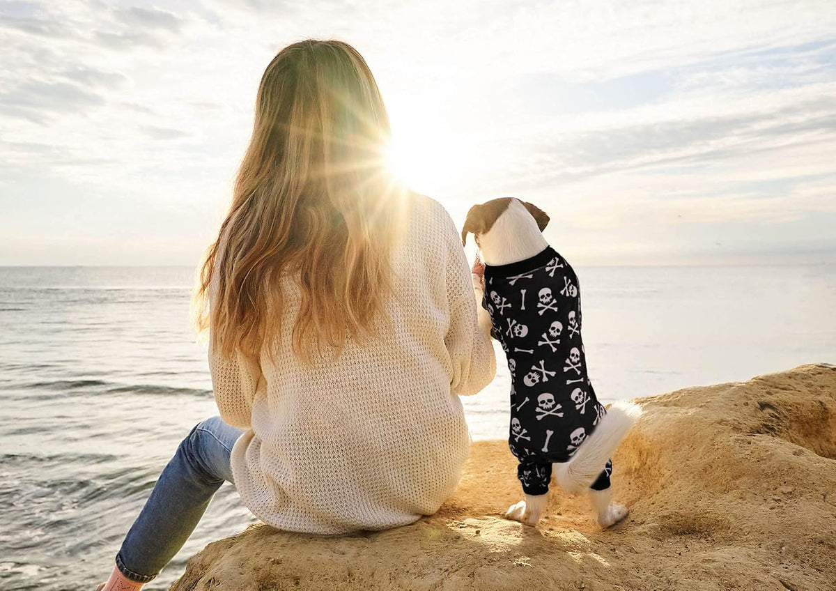 Dog Pajamas Halloween Dog Costume Short Plush Pet Pjs Skull&Crossbones Super Soft and Stretchy Pet Jammies for Small Medium Dogs (S/M)