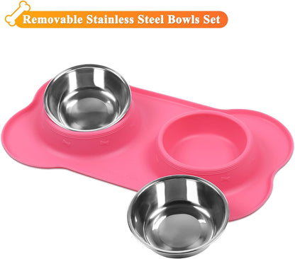 Dog Bowls, Dog Food Bowls, Stainless Steel Cat Puppy Water Bowls with Non Spill Skid Resistant Silicone Mat, Medium, Pink