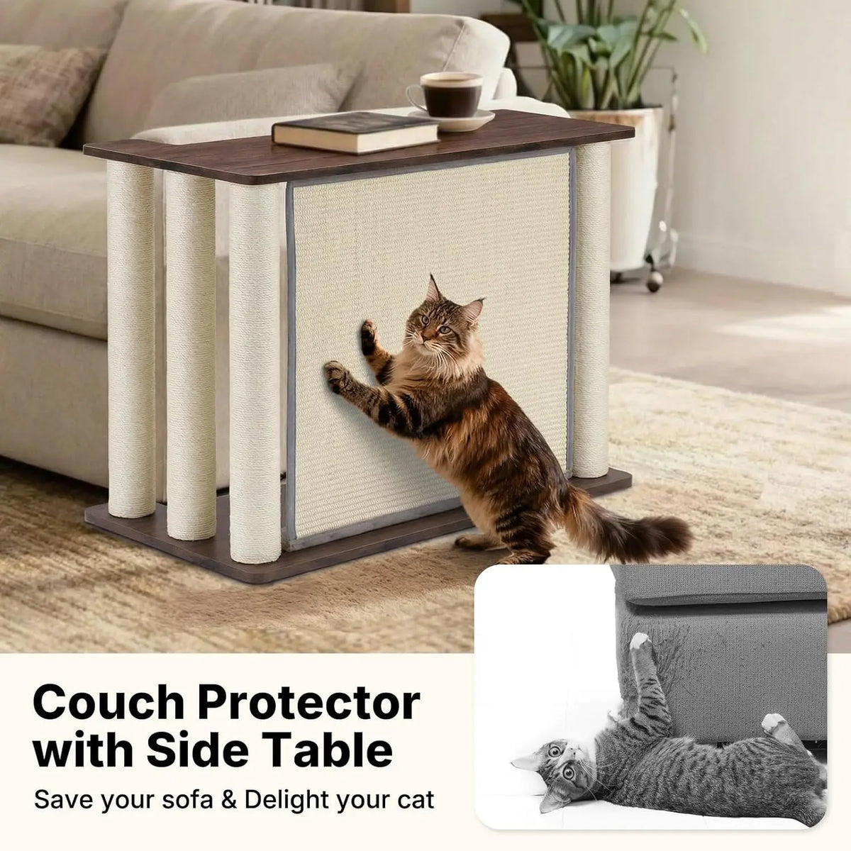 VEEHOO Right-Facing Cat Scratcher End Table - Engineered Wood, Space-Saving Freestanding Design, Durable Sisal Panel & Posts, Black Walnut Finish, Easy Assembly with Remote and Coffee Holder