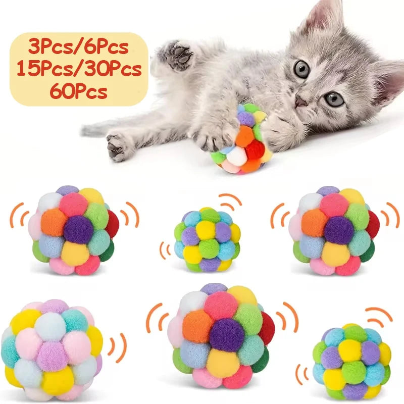 3/60Pcs Cat Toys Balls with Bells, Color Cat Pom Balls, Tinsel Sparkle Balls, Interactive Toy for Indoor Cats Kitten