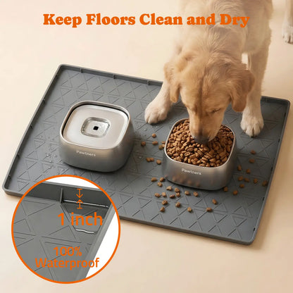 Pawtners 2-Pack Large Reusable Silicone Dog Feeding Mat - Waterproof, Non-Slip, Easy-Clean, 34x22 Inch Gray Pet Floor Protection with Raised Edge